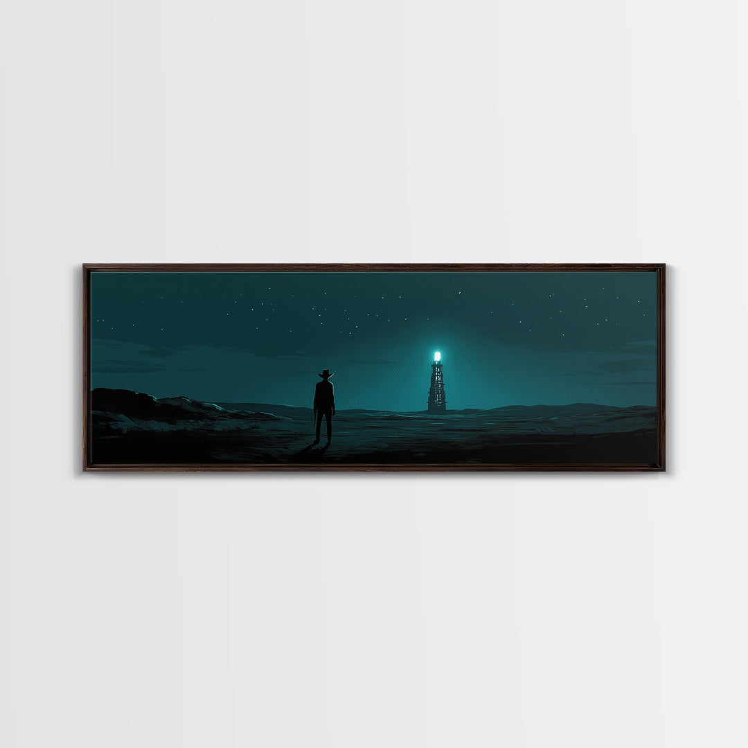 Starry Teal Desert Cowboy And Beacon Tower Wall Art, Sci Fi Western Landscape Print, Masculine Office Decor Gift For Him