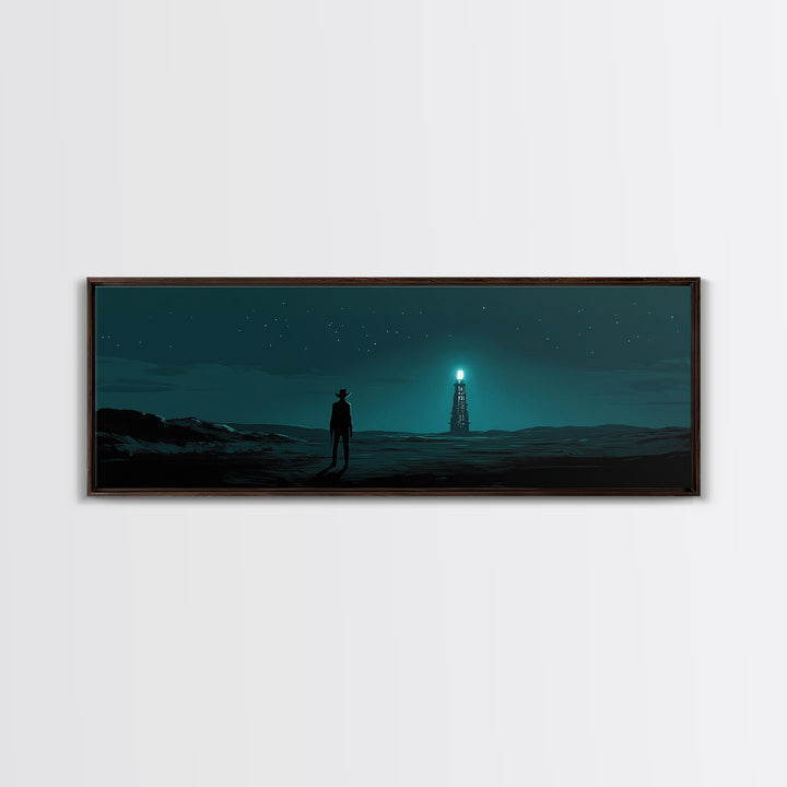 Starry Teal Desert Cowboy And Beacon Tower Wall Art, Sci Fi Western Landscape Print, Masculine Office Decor Gift For Him
