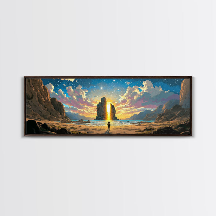 Golden Canyon Monolith At Sunrise Canvas Print, Epic Fantasy Landscape Wall Art, Modern Home Decor For Living Room Housewarming Gift