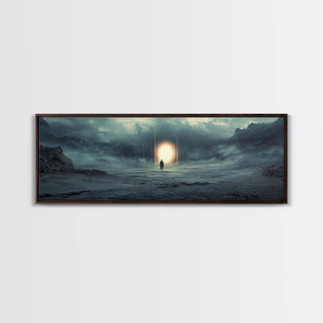 Misty Portal In Dark Mountains Wall Art, Moody Sci Fi Landscape Canvas Print, Atmospheric Office Decor And Modern Wall Decor