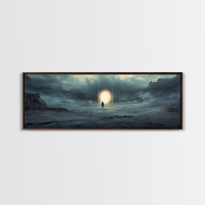 Misty Portal In Dark Mountains Wall Art, Moody Sci Fi Landscape Canvas Print, Atmospheric Office Decor And Modern Wall Decor
