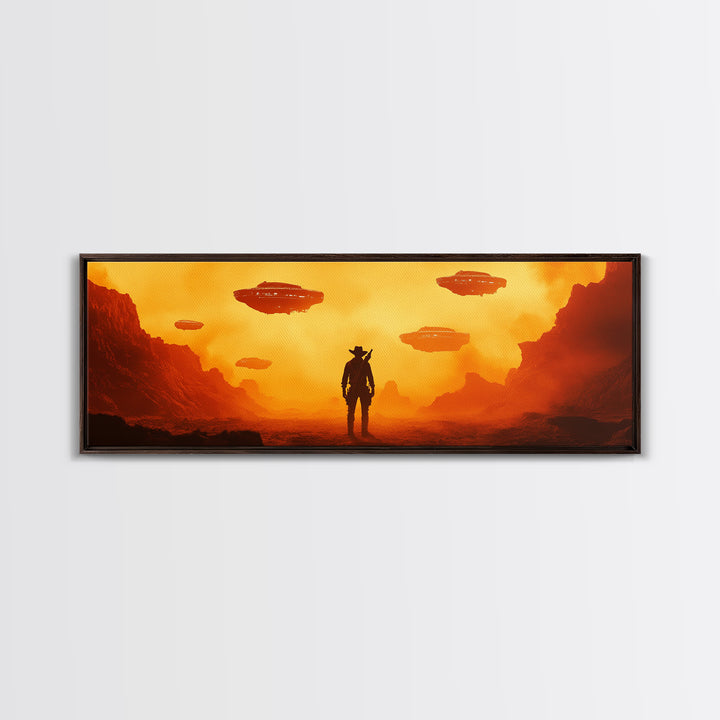 Orange Alien Canyon With UFOs And Cowboy Wall Art, Retro Sci Fi Western Canvas Print, Desert Landscape Decor Gift For Him
