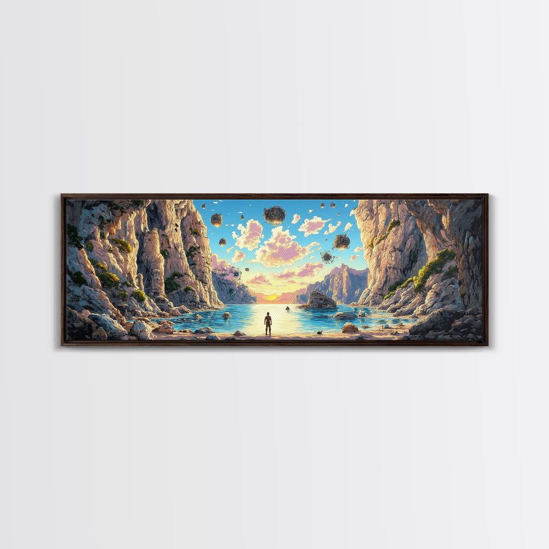 Alien Canyon Lagoon Canvas Print, Floating Rocks Fantasy Landscape, Panoramic Sci Fi Wall Decor, Large Modern Living Room Art