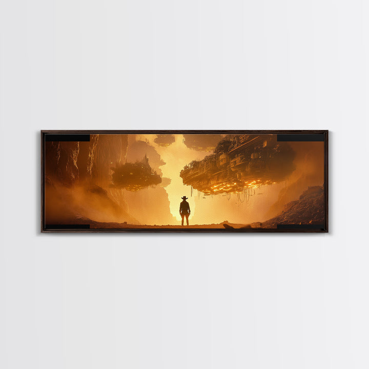 Golden Dystopian Airship Canyon Wall Art, Sci Fi Cowboy Landscape, Orange Futuristic Cinematic Canvas Print, Man Cave Decor