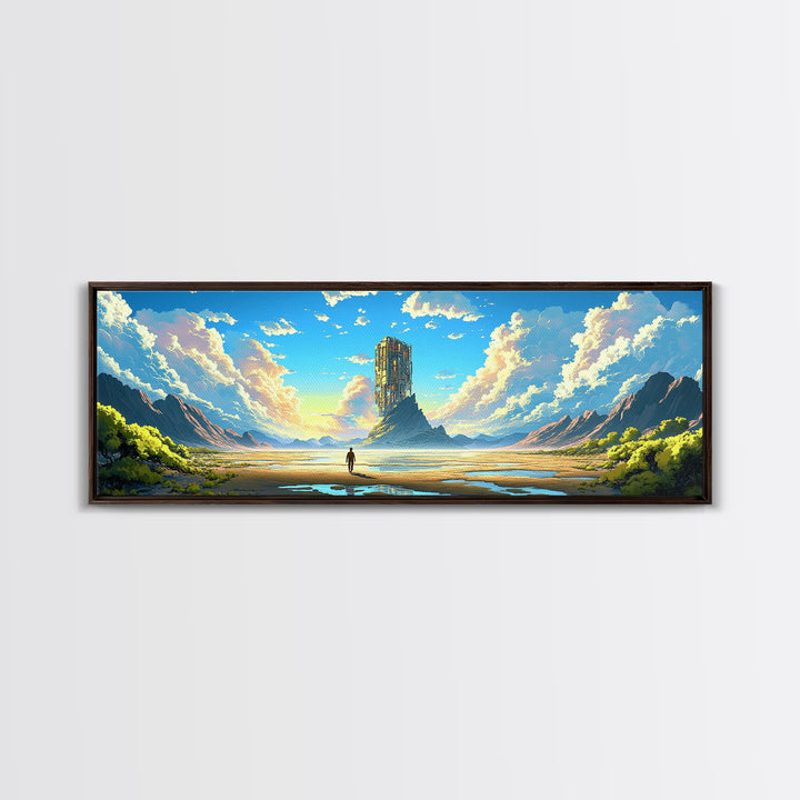 Mountain Valley Monolith Canvas Print, Bright Sci Fi Landscape, Panoramic Wall Art, Modern Nature Decor For Living Room Art