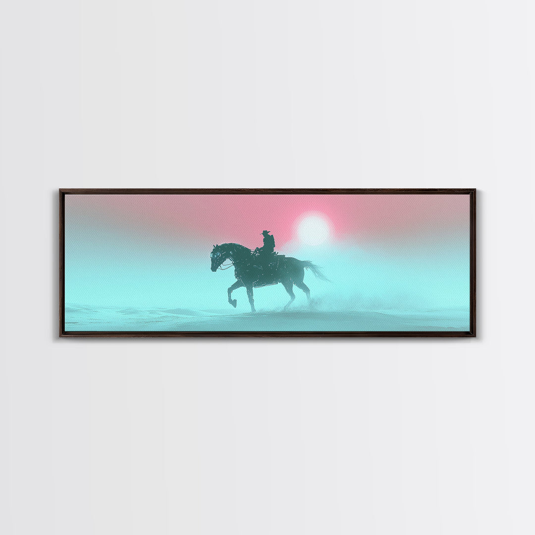 Misty Cowboy Riding Through Pastel Fog Wall Art, Western Horse Canvas Print, Serene Landscape Decor, Calming Bedroom Art