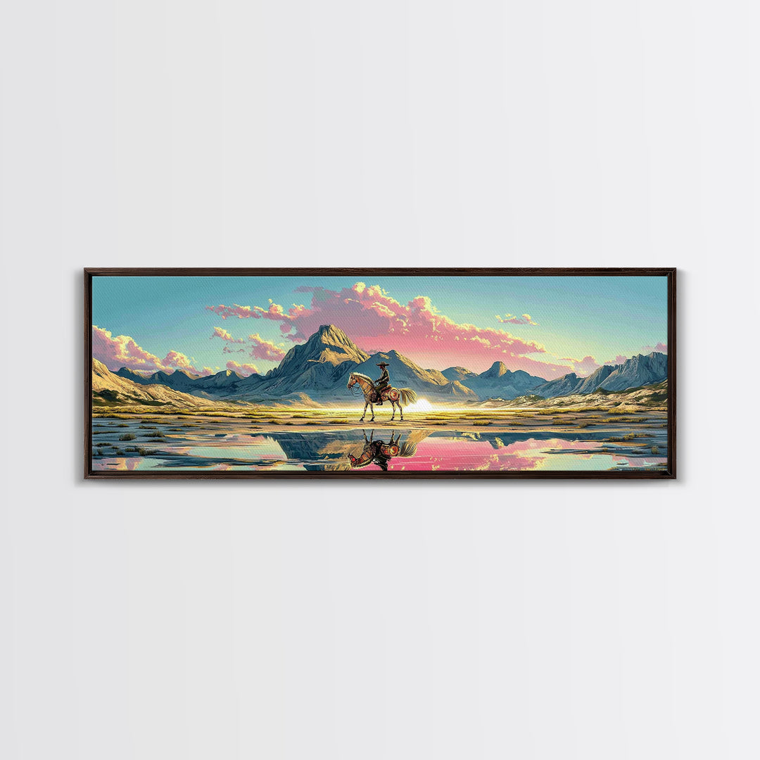 Cowboy And Horse Reflected In Alpine Lake Canvas Print, Western Mountain Wall Art, Pastel Sunset Decor, Large Panoramic Art