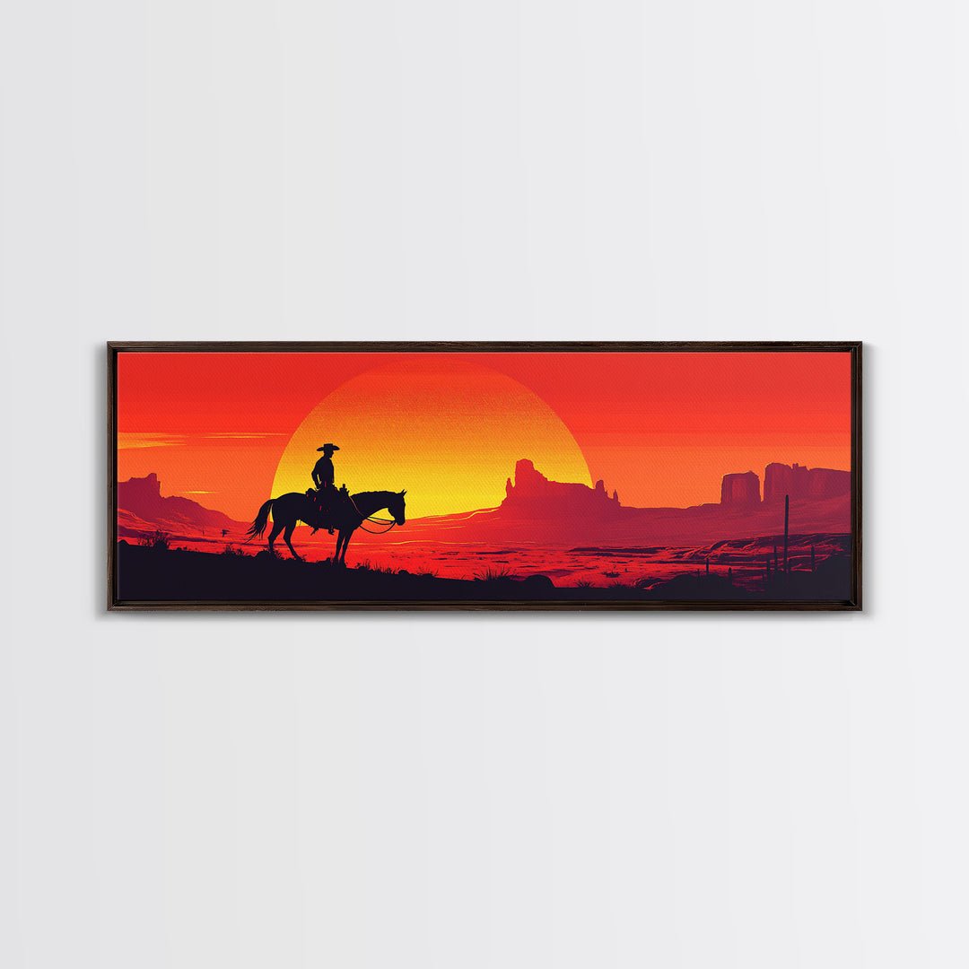 Silhouette Cowboy Crossing Orange Desert Sunset Wall Art, Southwestern Decor, Western Canvas Print, Extra Wide Horizontal Art