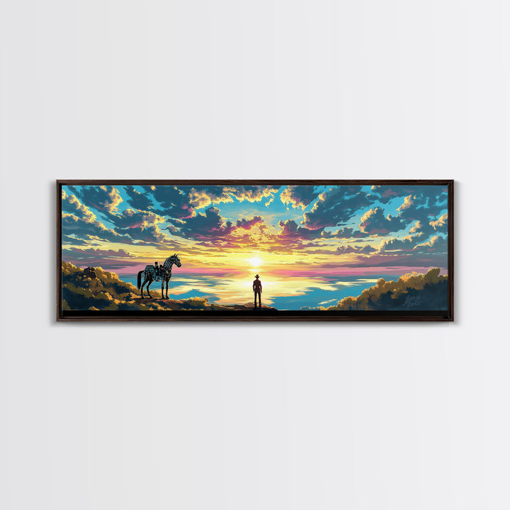 Cowboy And Horse Over Golden Sea Sunrise Framed Canvas Print, Western Landscape Wall Art, Inspirational Home Decor, Above Sofa Art
