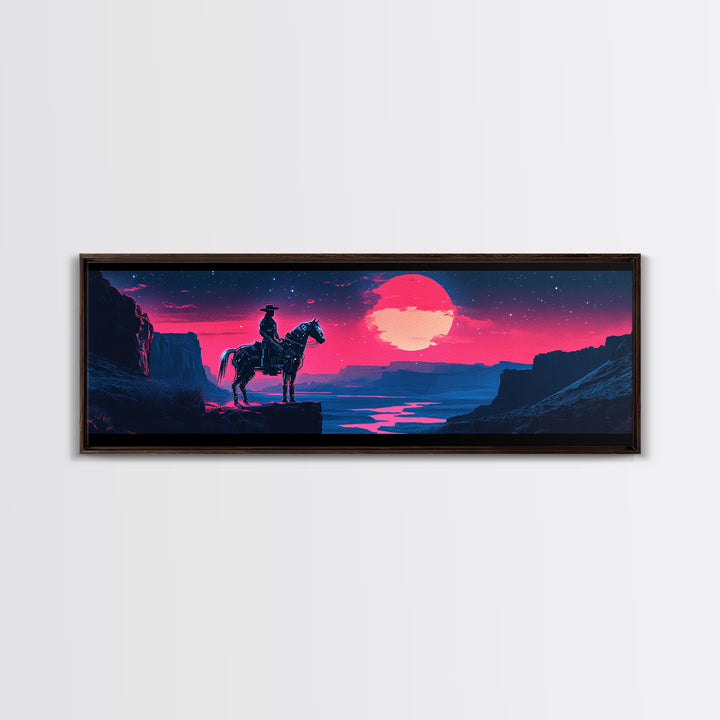 Neon Cowboy Above Moonlit Canyon River Canvas Print, Western Sci Fi Wall Art, Vaporwave Decor, Large Horizontal Print, Home Decor