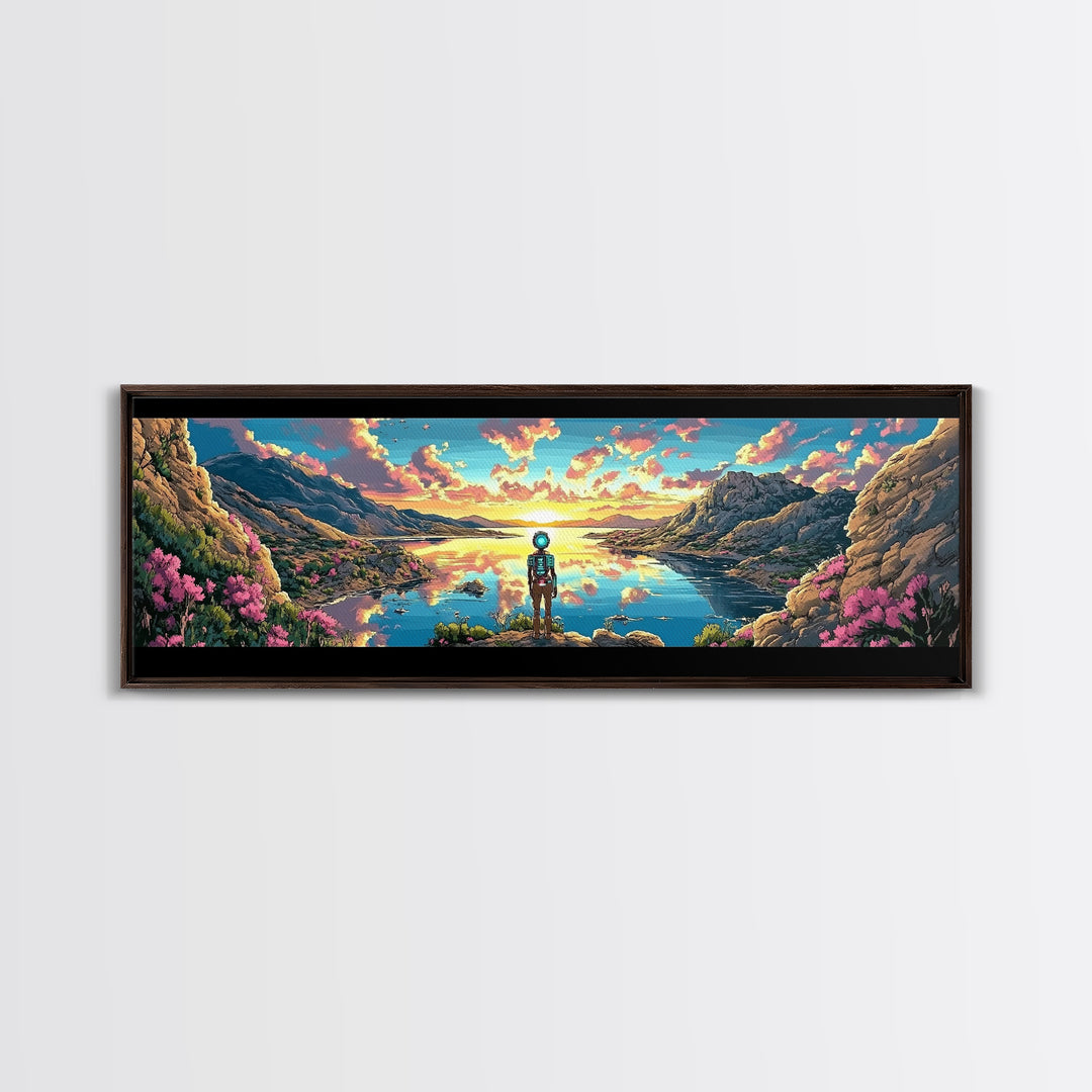 Astronaut Over Flowered Mountain Lake Valley Wall Art, Sci Fi Landscape Canvas Print, Colorful Nature Decor, Gaming Room Art