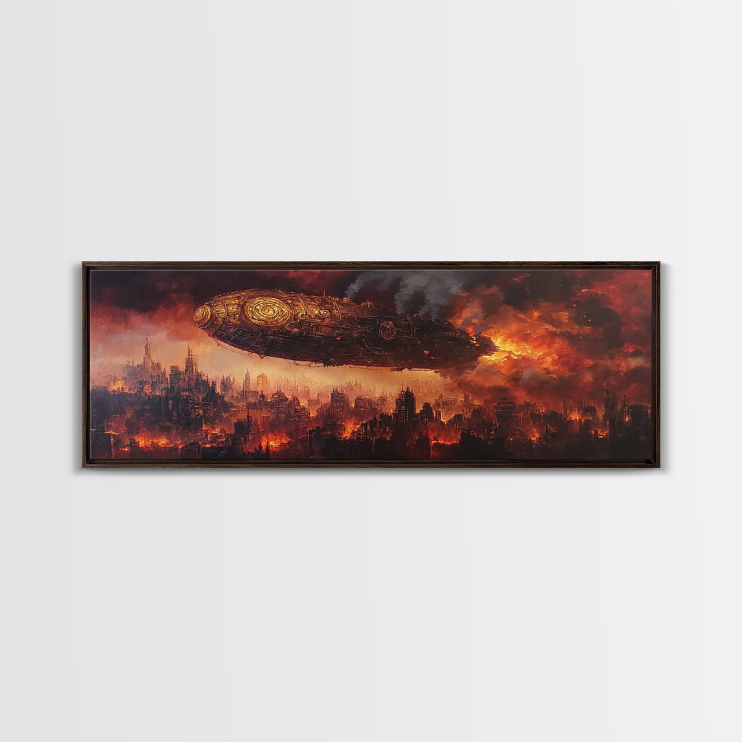 Steampunk Airship Over Burning Futuristic City Wall Art, Dystopian Sci Fi Canvas Print, Dark Industrial Office Decor, Man Cave Art