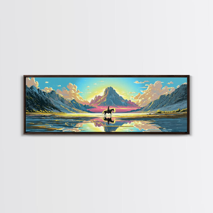 Solitary Rider At Mirror Lake Canvas Print, Western Mountain Landscape Art, Panoramic Wall Art, Rustic Decor, Gift For Him