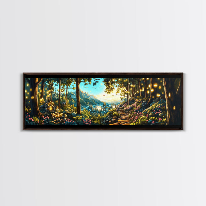 Enchanted Forest Path With Lanterns Wall Art, Mountain Valley Landscape Print, Whimsical Decor, Large Panoramic Canvas Art