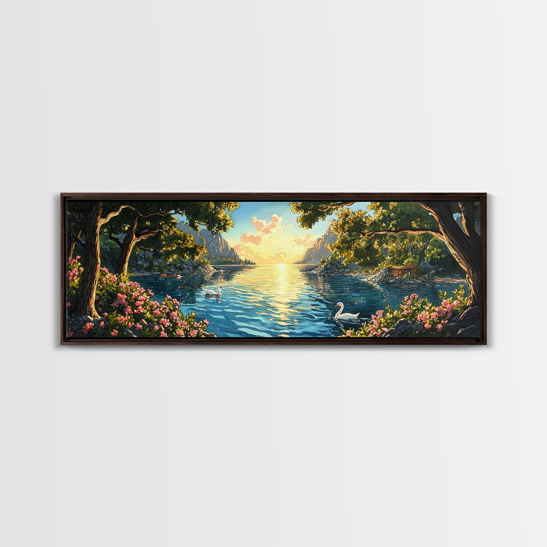 Golden Lakeside Sunset With Swan Wall Art, Romantic Coastal Canvas Print, Serene Landscape Decor, Large Above Bed Art For Bedroom Decor