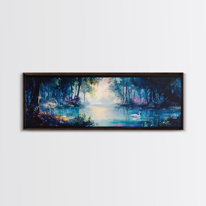 Misty Blue Forest Lake With Swan Wall Art, Moody Landscape Canvas Print, Dark Botanical Decor, Calming Living Room Art Print