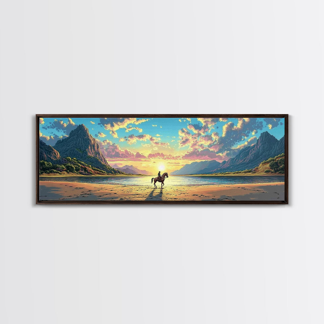 Lone Rider On Sunset Beach Wall Art, Western Coastal Landscape Canvas Print, Mountain Lake Decor, Masculine Office Art Print