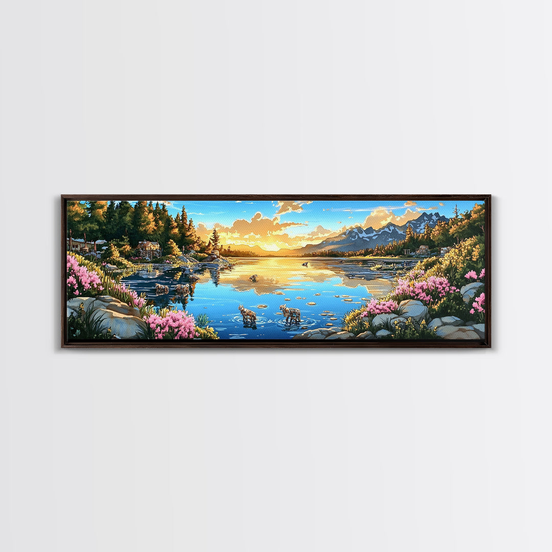 Mountain Lake Sunset With Pink Wildflowers Wall Art, Panoramic Landscape Print, Nature Decor, Living Room Wall Decor, Home Decor