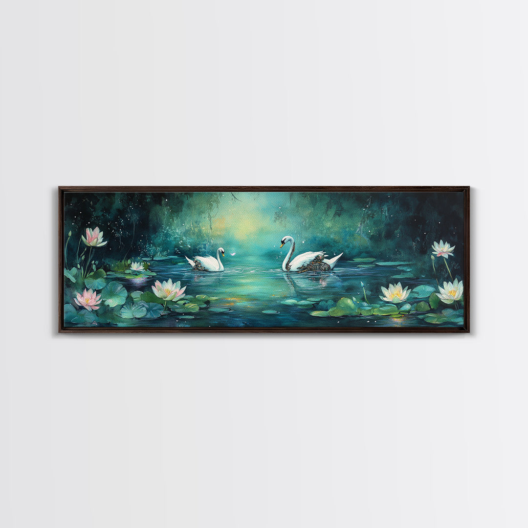 White Swans And Water Lilies Framed Canvas Print, Romantic Nature Wall Art, Elegant Bedroom Decor, Gift For Her, Living Room Art
