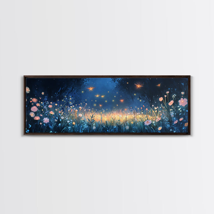 Firefly Night Meadow With Soft Wildflowers Framed Canvas Print, Whimsical Wall Art, Dark Floral Decor, Bedroom Wall Decor