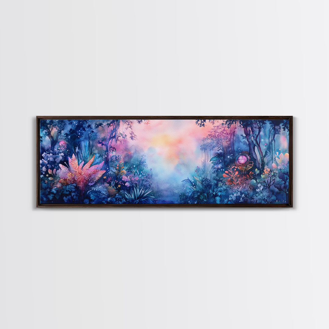 Enchanted Tropical Garden With Misty Pastel Light Wall Art, Botanical Watercolor Print, Whimsical Decor, Nature Wall Art