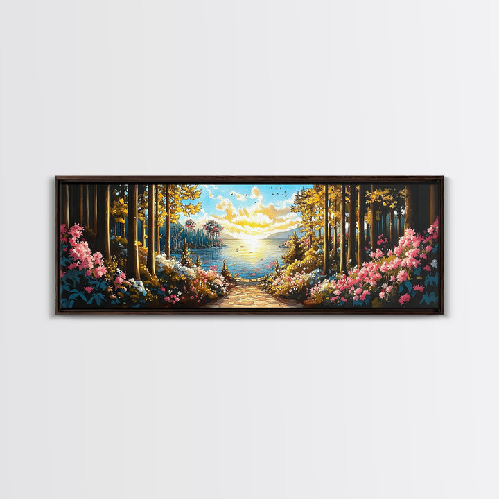 Sunlit Forest Lake Path With Pink Flowers Wall Art, Panoramic Canvas Print For Living Room Decor And Nature Home Decor Gift