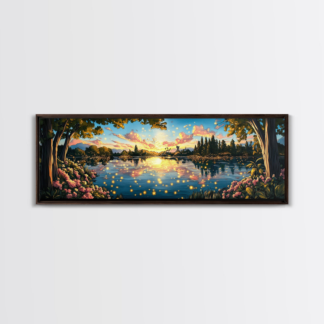 Golden Sunset Lake With Fireflies And Pink Blossoms Canvas Print, Romantic Nature Wall Art For Bedroom Decor And Home Decor