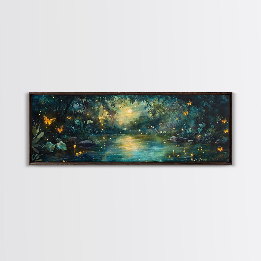 Enchanted Moonlit River With Fireflies And Butterflies Wall Art, Moody Fantasy Canvas Print For Bedroom Decor And Cozy Home Decor