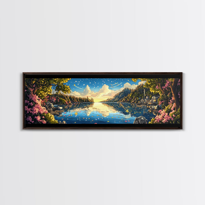 Starry Mountain Lake Village With Pink Flowers Framed Canvas Print, Panoramic Landscape Wall Art For Living Room Decor And Home Decor