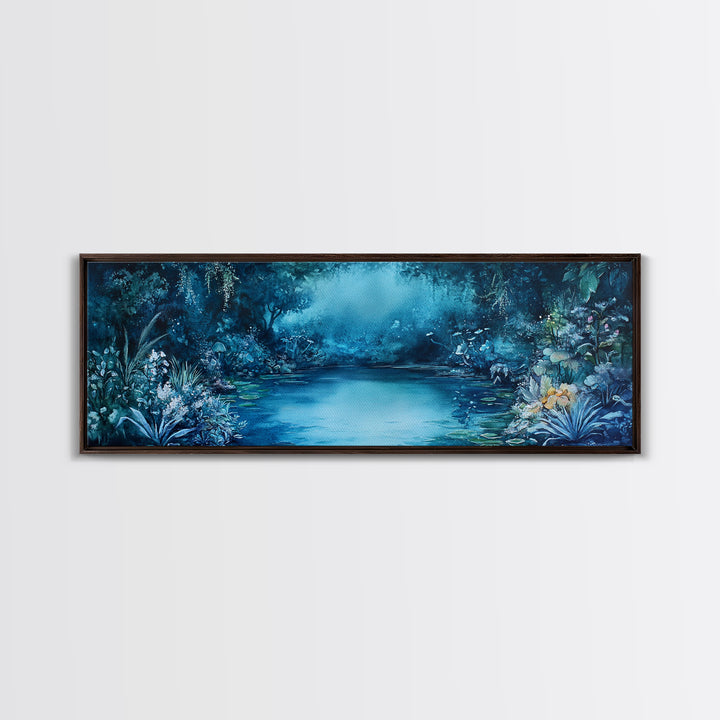 Misty Blue Jungle River With Wildlife And Orchids Canvas Print, Serene Nature Wall Art For Spa Decor And Bathroom Wall Decor