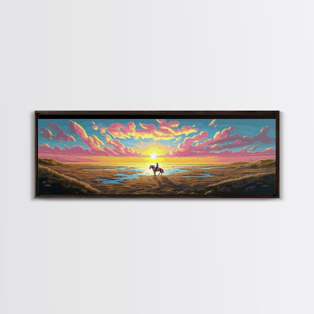 Lone Horse Rider On Sunset Beach Canvas Print, Western Coastal Wall Art For Ranch Decor, Gift For Him And Living Room Decor