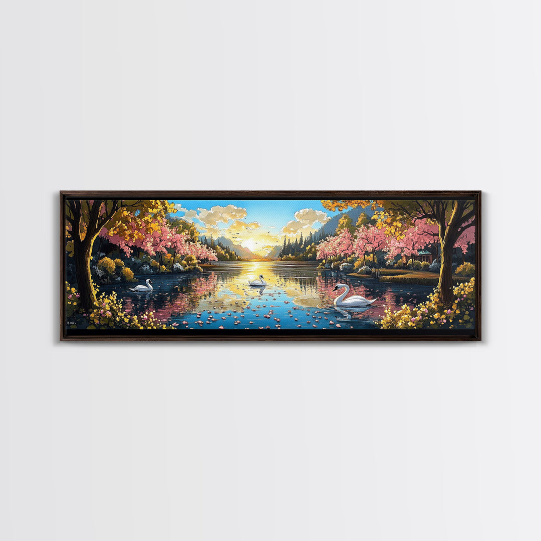 Swans On Golden Lake With Cherry Blossoms Framed Canvas Print, Romantic Landscape Wall Art For Bedroom Decor And Home Decor