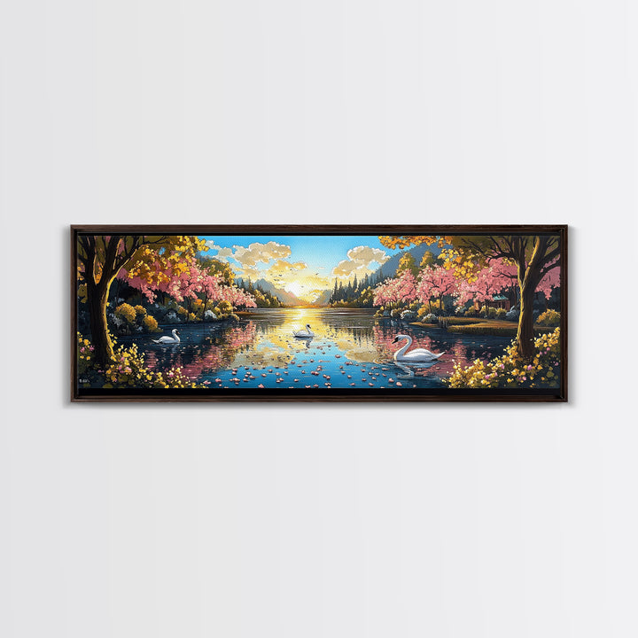 Swans On Golden Lake With Cherry Blossoms Framed Canvas Print, Romantic Landscape Wall Art For Bedroom Decor And Home Decor