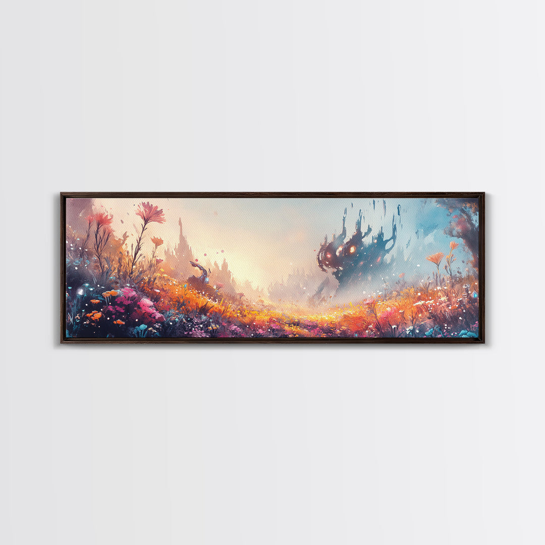 Misty Fantasy Flower Field With Dark Castle Canvas Print, Surreal Landscape Wall Art, Colorful Whimsical Bedroom Decor Gift