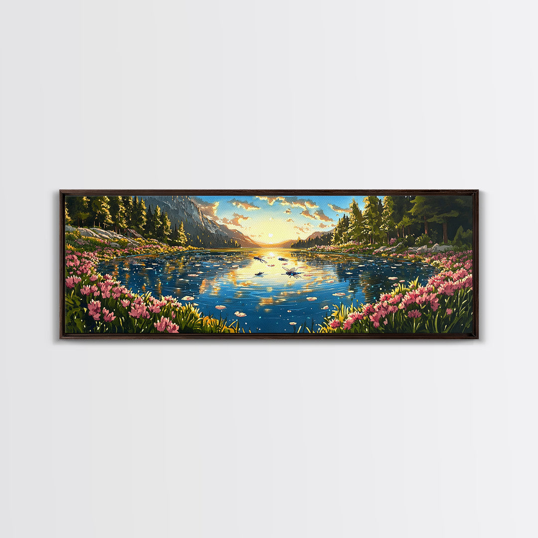 Sparkling Mountain Lake With Pink Wildflowers Canvas Print, Panoramic Landscape Wall Art, Nature Decor For Living Room Gift