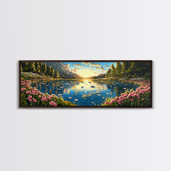Sparkling Mountain Lake With Pink Wildflowers Canvas Print, Panoramic Landscape Wall Art, Nature Decor For Living Room Gift