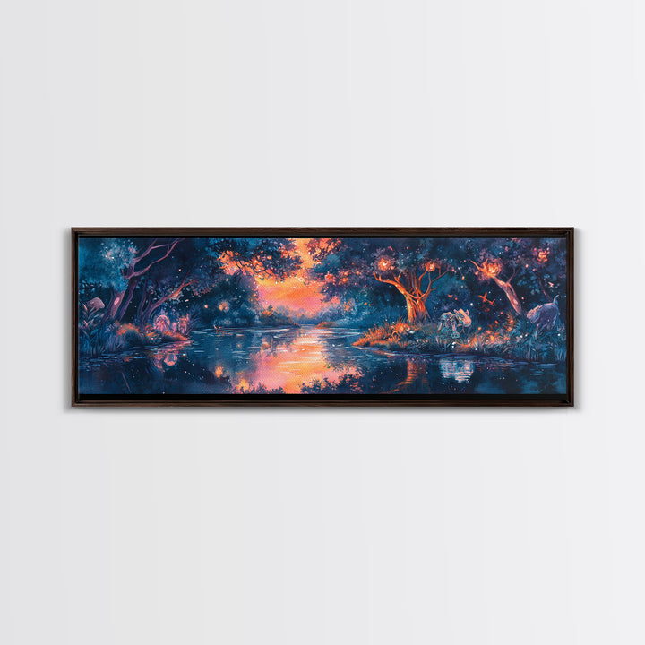 Enchanted Twilight Forest Lake Wall Art, Magical Firefly Landscape Canvas, Fantasy Woodland Decor, Panoramic Nature Print