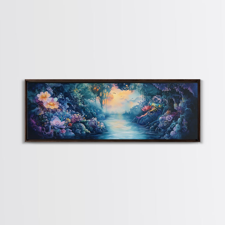 Mystical Flower Grotto River Wall Art, Fantasy Botanical Canvas Print, Whimsical Fairycore Decor, Dreamy Landscape Art Print