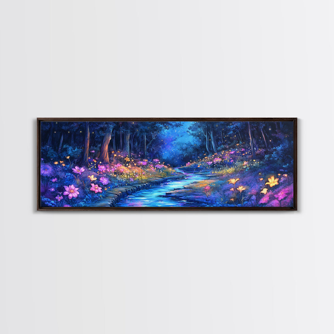 Moonlit Blue Forest Stream Wall Art, Glowing Wildflower Landscape Canvas Print, Fairy Garden Decor, Magical Nature Art Gift