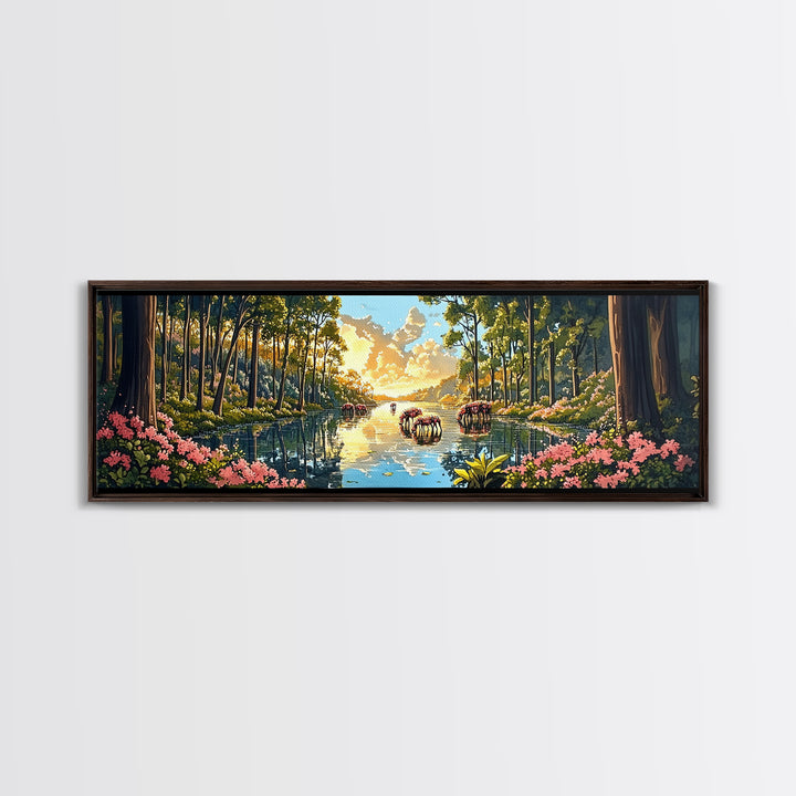 Sunlit Forest River With Wild Horses Wall Art, Panoramic Canvas Print, Nature Landscape, Living Room Decor, Housewarming Gift