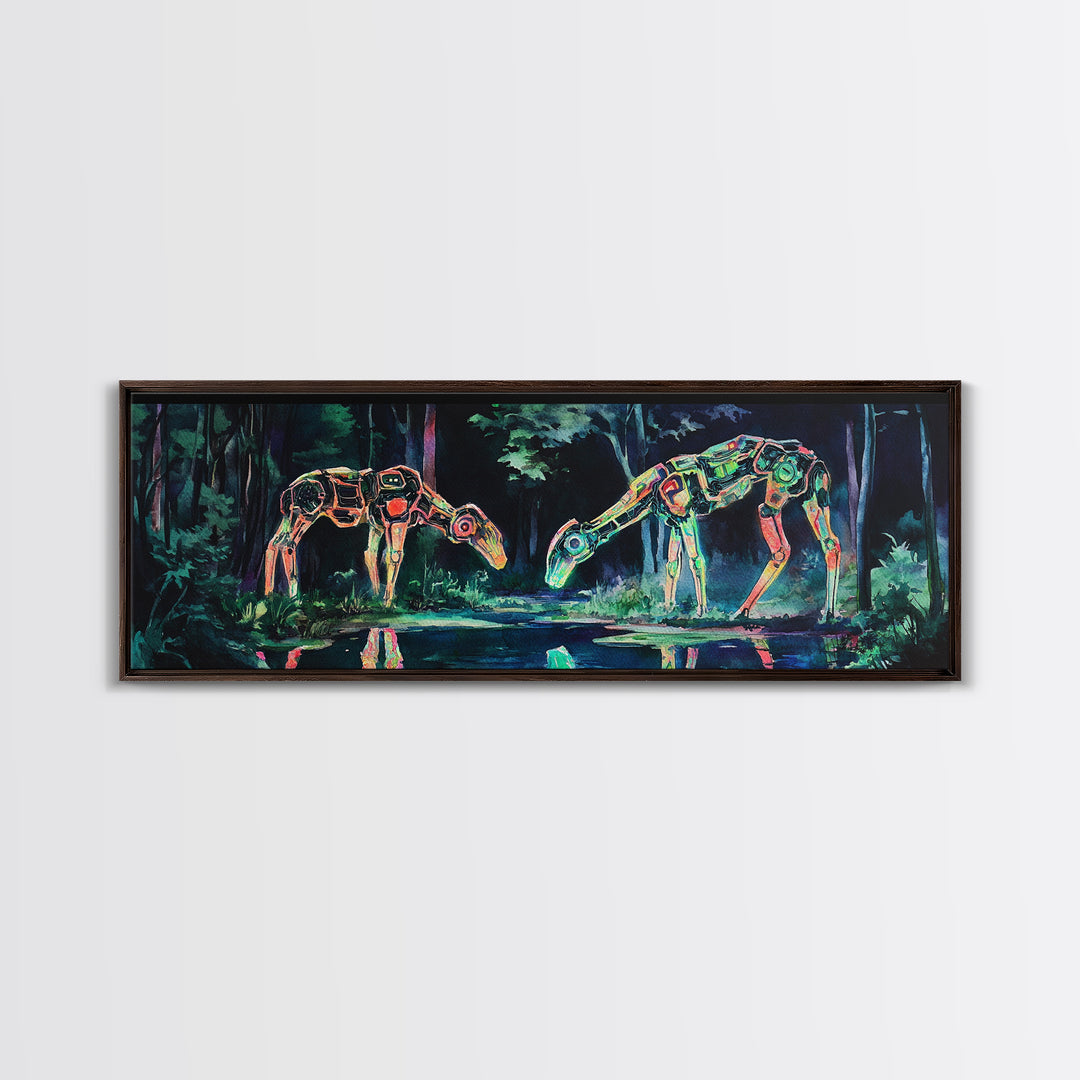 Neon Robotic Deer In Dark Forest Wall Art, Futuristic Canvas Print, Cyberpunk Decor, Sci Fi Art, Gaming Room Wall Decor, Gift For Him