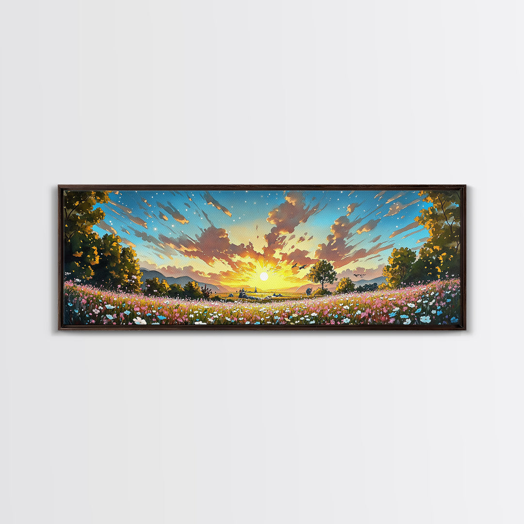Golden Sunrise Wildflower Meadow Wall Art, Wide Horizontal Canvas Print, Landscape Art, Above Sofa Decor, Modern Home Decor