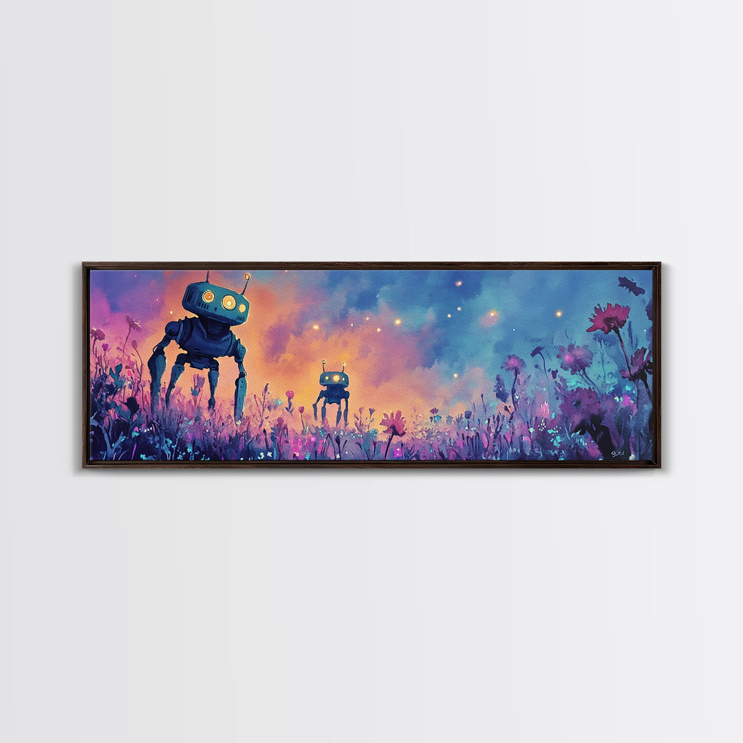 Cute Robots In Pastel Wildflower Field Wall Art, Whimsical Canvas Print, Sci Fi Decor, Kids Room Art, Unique Gift, Nursery Decor