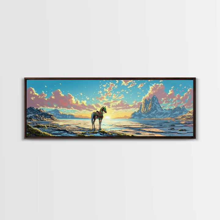 Solitary Horse At Alpine Sunrise Canvas Print, Panoramic Mountain Lake Wall Art, Western Decor, Living Room Decor, Home Decor