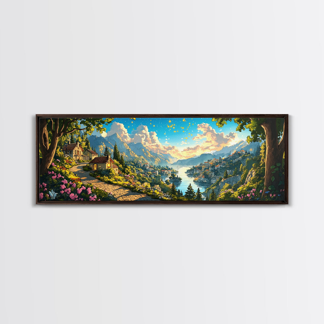 Sunlit Lakeside Village And Mountain Garden Canvas Print, Italian Landscape Wall Art, Travel Poster, Elegant Home Decor, Fine Art Print
