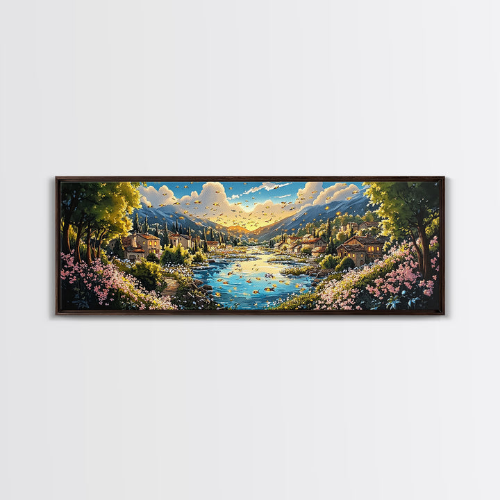 Sunny Mountain River Village With Wildflowers Wall Art, Panoramic Landscape Canvas Print, Rustic Home Decor, Above Sofa Art