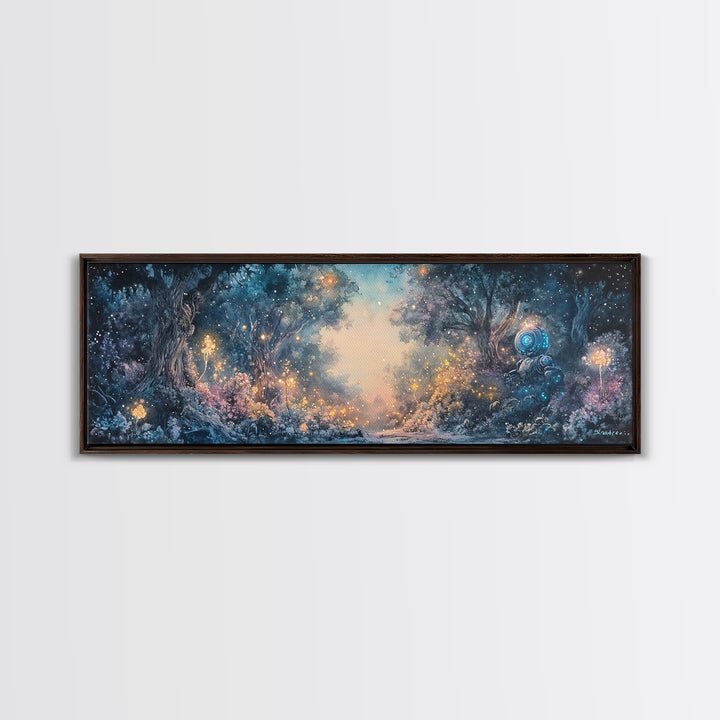 Enchanted Blue Forest With Glowing Fireflies Wall Art, Fantasy Landscape Canvas Print, Magical Woodland Living Room Decor