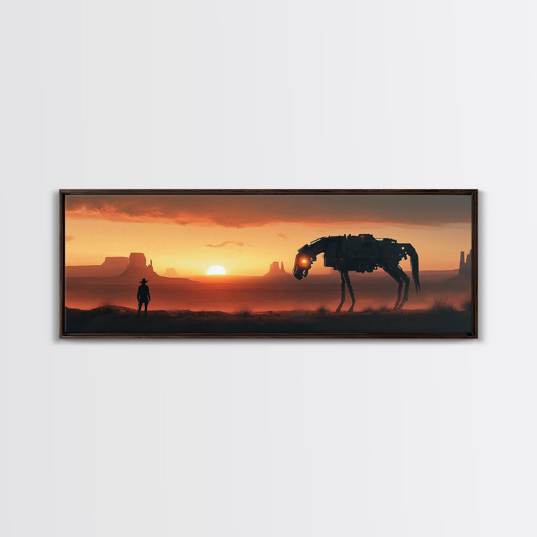 Cyberpunk Cowboy And Mechanical Horse At Sunset Wall Art, Sci Fi Western Canvas Print, Desert Landscape Man Cave Office Decor