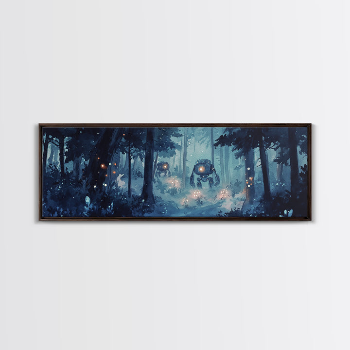 Misty Blue Forest Robots With Glowing Lantern Eyes Wall Art, Sci Fi Fantasy Canvas Print, Moody Woodland Home Office Decor