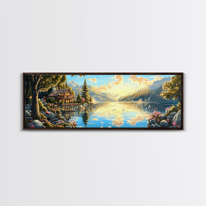Alpine Lake Cabin With Mountain Reflections Wall Art, Panoramic Landscape Canvas Print, Rustic Lodge Home Living Room Decor